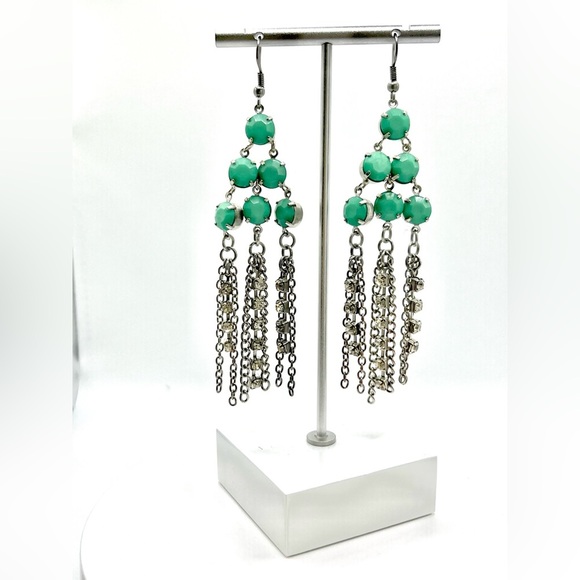 Fashion Silver Plated Turquoise Blue and Clear Gemstone Long Dangle Earrings - Picture 1 of 3